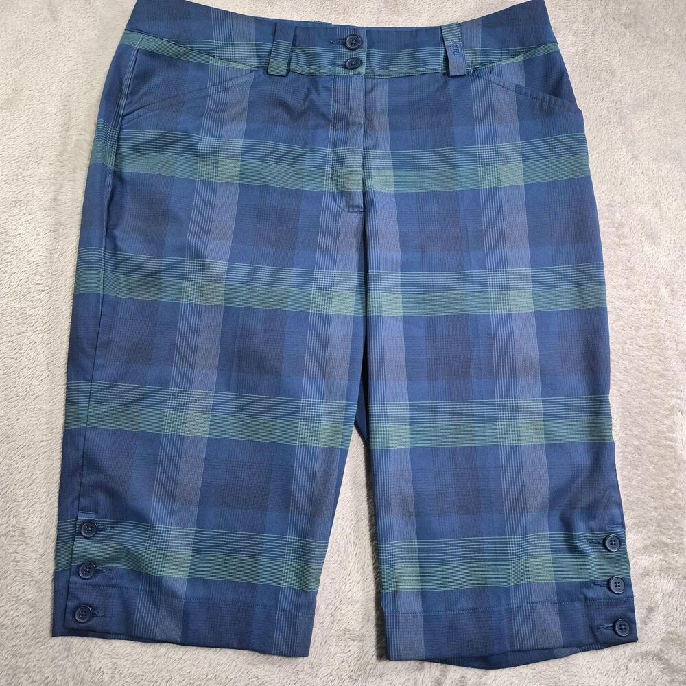 Nike Golf Shorts Womens 10 Blue Plaid Dri-FIT Bermuda Performance Stretch